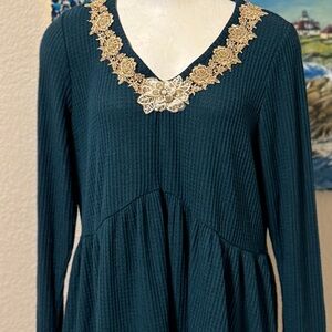 Lane Bryant Teal Textured Knit Top with Gold Embellishments.